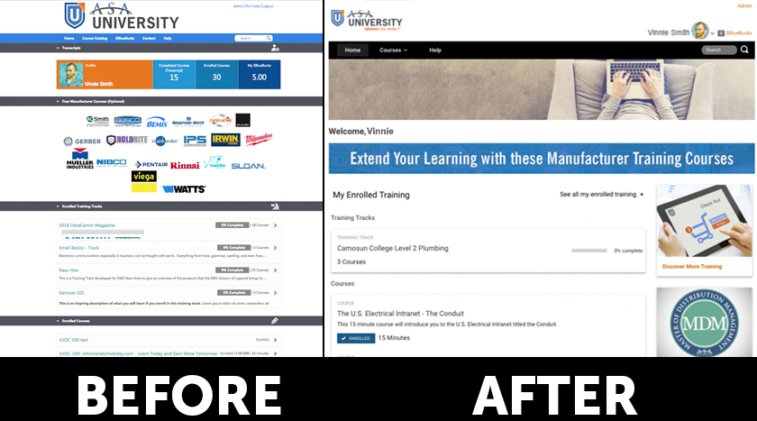 ASA University before & after logged in version on BlueVolt 2017 UI