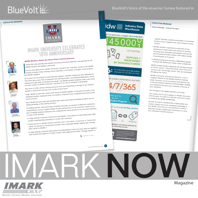 BlueVolt's Voice of the eLearning survey featured in IMARK NOW! Magazine tear sheets